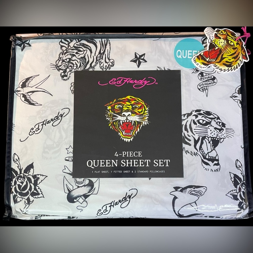 Ed Hardy Black White DP 4-pc Queen Sheet Set Tiger Skull Shark Bird Rose NEW NIP